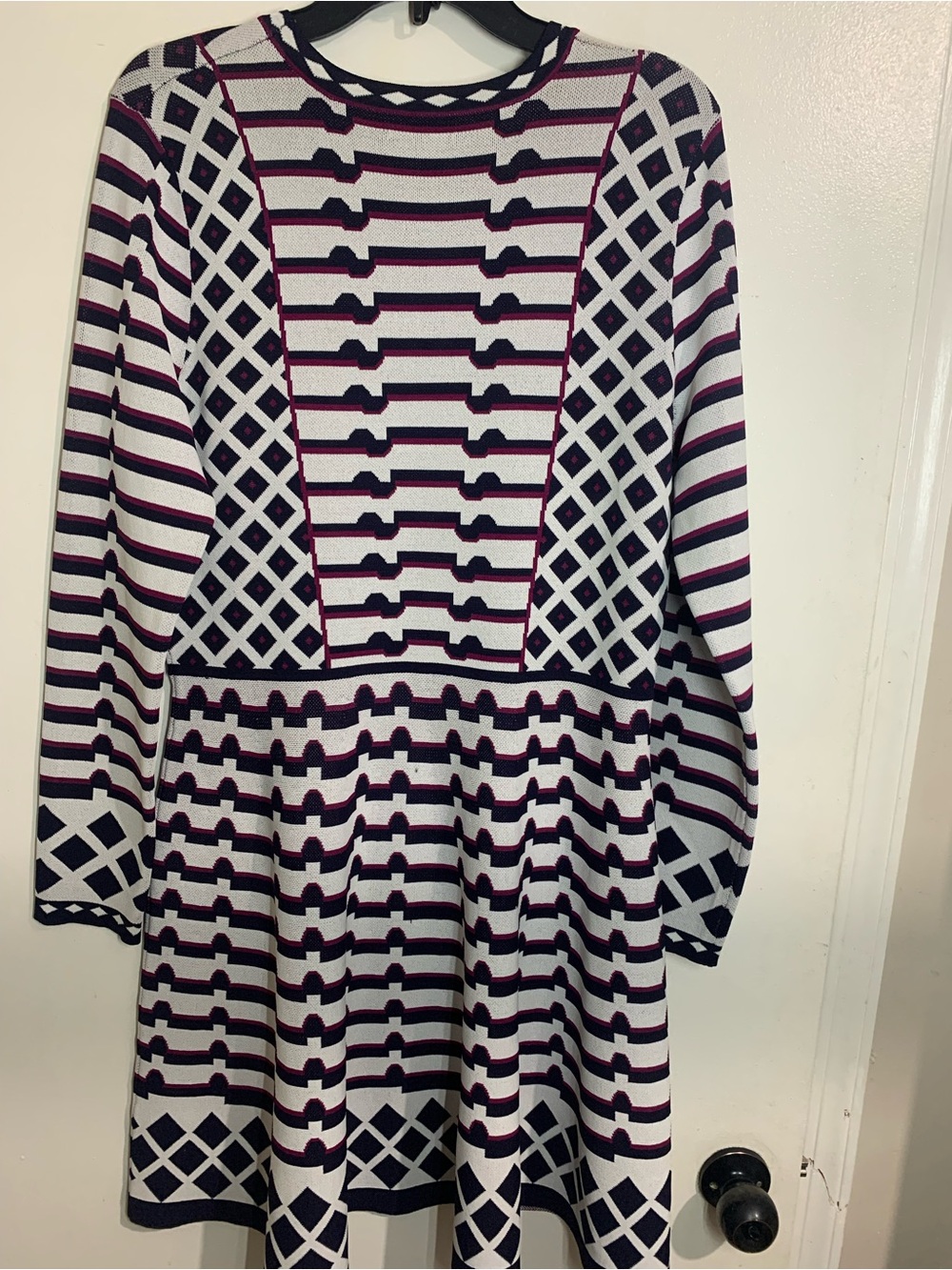 ' Navy, White & Pink Patterned Long-Sleeve Knit Dress